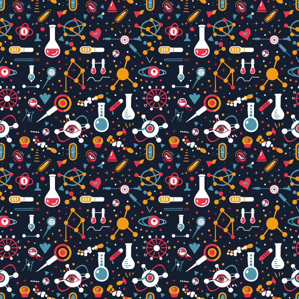 Seamless pattern with science-themed icons including flasks, atoms, DNA strands, and laboratory equipment on a dark background.
