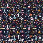 Seamless pattern with science-themed icons including flasks, atoms, DNA strands, and laboratory equipment on a dark background.