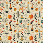 Seamless pattern with scientific illustrations including test tubes, molecules, DNA strands, and abstract shapes on a light background.