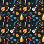 Seamless pattern with doodles of atoms, planets, astronauts, rockets, and lab equipment on a black background.