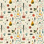 Illustration of various scientific equipment and molecular structures, including test tubes, flasks, and atomic models, arranged in a repetitive pattern on a beige background.