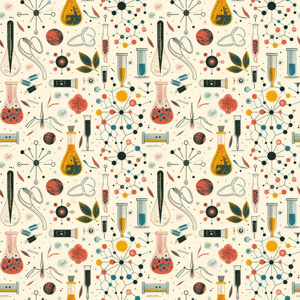 Illustration of various scientific equipment and molecular structures, including test tubes, flasks, and atomic models, arranged in a repetitive pattern on a beige background.