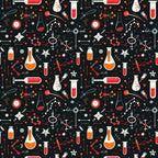 Seamless pattern of science-themed icons on a dark background, including flasks, syringes, molecules, stars, and test tubes in red, orange, and white.