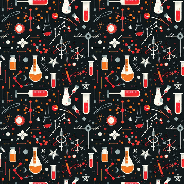 Seamless pattern of science-themed icons on a dark background, including flasks, syringes, molecules, stars, and test tubes in red, orange, and white.