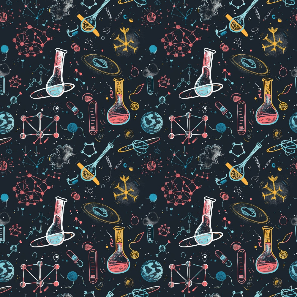 Seamless pattern of science-related doodles including flasks, planets, molecules, and atoms on a dark background.