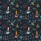 Seamless pattern of science-related doodles including flasks, planets, molecules, and atoms on a dark background.