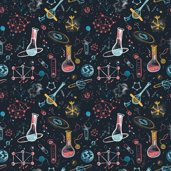 Seamless pattern of science-related doodles including flasks, planets, molecules, and atoms on a dark background.