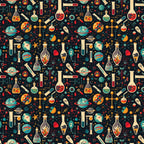 Seamless science pattern with colorful lab equipment, atoms, planets, and telescopes on a dark background.