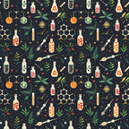Patterned illustration of various chemistry-related items including bottles, test tubes, pipettes, molecules, and leaves on a dark background.