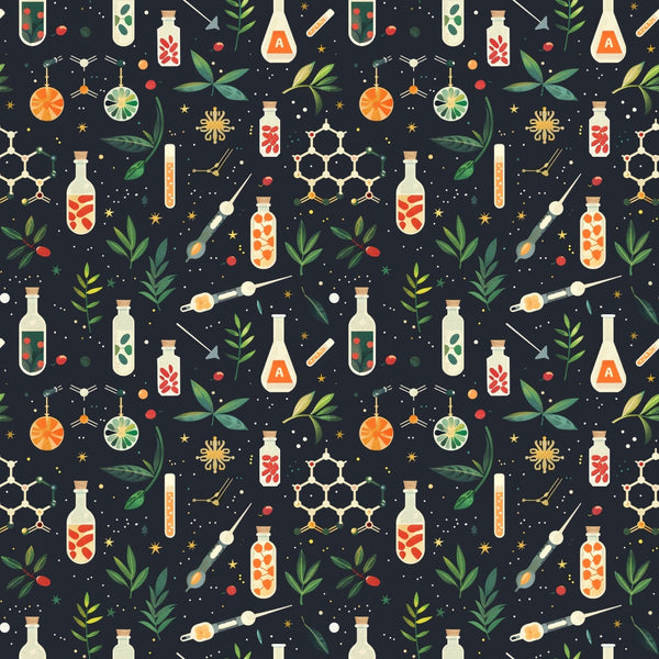 Patterned illustration of various chemistry-related items including bottles, test tubes, pipettes, molecules, and leaves on a dark background.