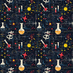 Seamless pattern with scientific instruments, equations, and symbols on a dark background.