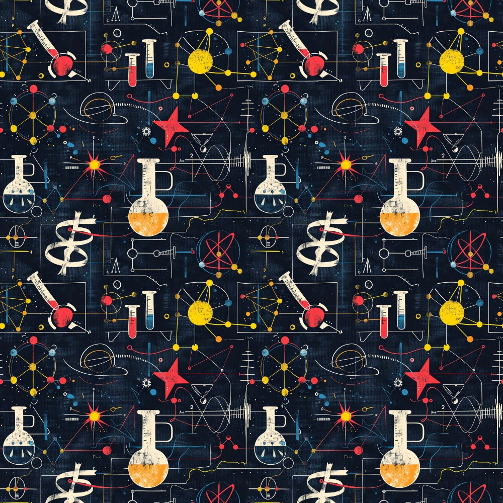 Seamless pattern with scientific instruments, equations, and symbols on a dark background.