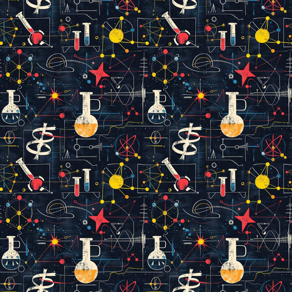 Seamless pattern with scientific instruments, equations, and symbols on a dark background.