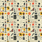 Seamless pattern with science-themed illustrations including flasks, molecules, telescopes, and planets in red, black, and yellow on a beige background.