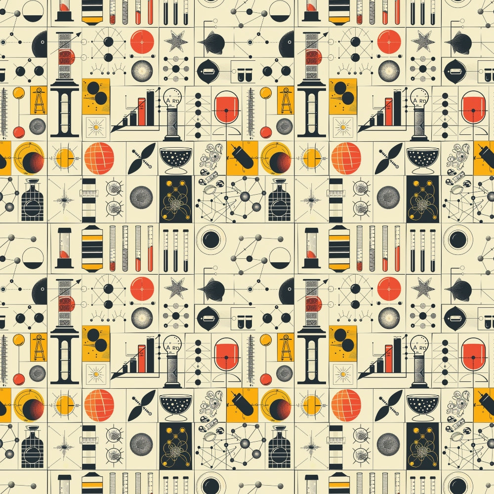 Seamless pattern with science-themed illustrations including flasks, molecules, telescopes, and planets in red, black, and yellow on a beige background.