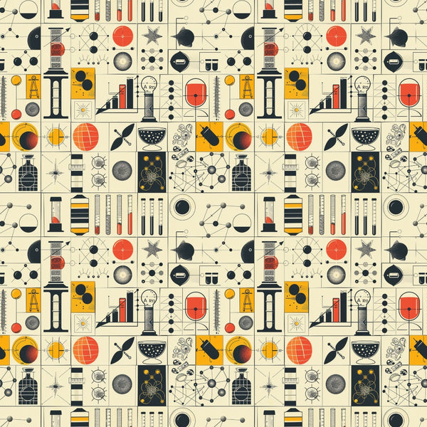 Seamless pattern with science-themed illustrations including flasks, molecules, telescopes, and planets in red, black, and yellow on a beige background.
