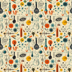 Retro science-themed pattern with illustrations of flasks, molecules, eyes, atomic symbols, and geometric shapes in blue, orange, and yellow on a cream background.
