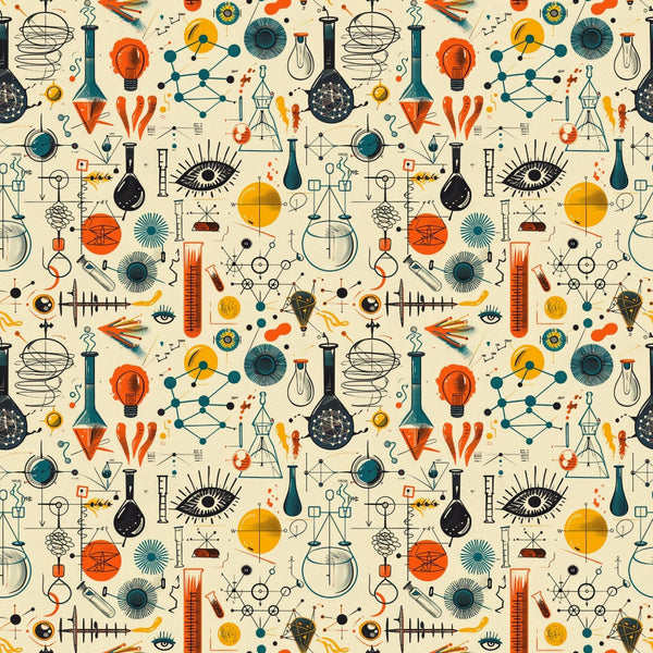 Retro science-themed pattern with illustrations of flasks, molecules, eyes, atomic symbols, and geometric shapes in blue, orange, and yellow on a cream background.