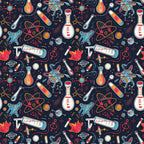 Pattern of science-themed illustrations, including flasks, atoms, test tubes, and DNA strands on a dark background.