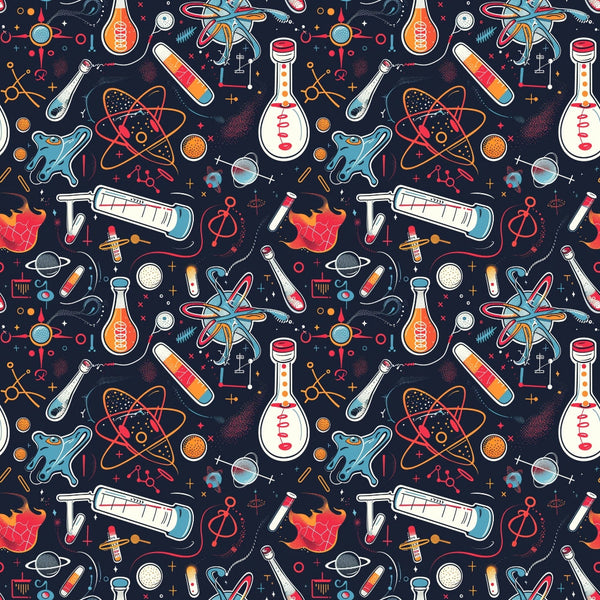Pattern of science-themed illustrations, including flasks, atoms, test tubes, and DNA strands on a dark background.