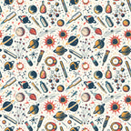 Seamless pattern with planets, rockets, telescopes, test tubes, and scientific symbols on a light background.