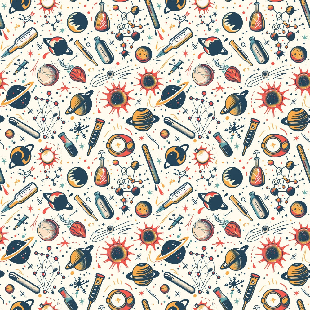 Seamless pattern with planets, rockets, telescopes, test tubes, and scientific symbols on a light background.