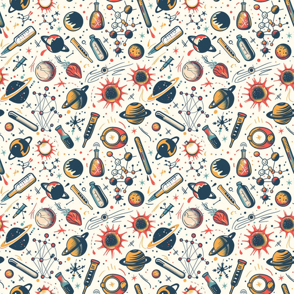 Seamless pattern with planets, rockets, telescopes, test tubes, and scientific symbols on a light background.