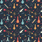 Seamless pattern of scientific illustrations: flasks, molecules, telescopes, planets, and stars in various colors on a dark background.
