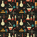 Pattern with scientific symbols, including flasks, test tubes, atoms, and molecular structures on a black background.
