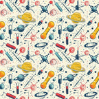 Pattern of space-themed illustrations featuring planets, rockets, satellites, and test tubes on a light background.