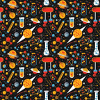 Colorful science-themed pattern featuring rockets, planets, test tubes, DNA strands, and geometric shapes on a black background.