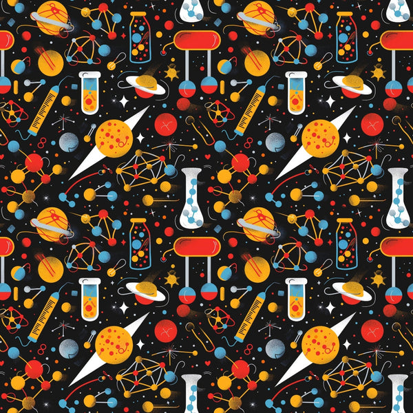 Colorful science-themed pattern featuring rockets, planets, test tubes, DNA strands, and geometric shapes on a black background.