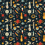 Seamless pattern featuring colorful science-themed doodles, including planets, rockets, test tubes, atoms, and geometric shapes on a dark background.