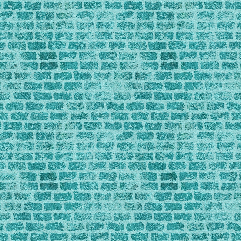 teal, turquoise, mint green, brick pattern, grunge texture, weathered effect, geometric design, distressed look,, fabric panel, textured surface, vintage style, aged appearance, rectangular bricks, mortar lines, rustic feel, crafting material, sewing fabric