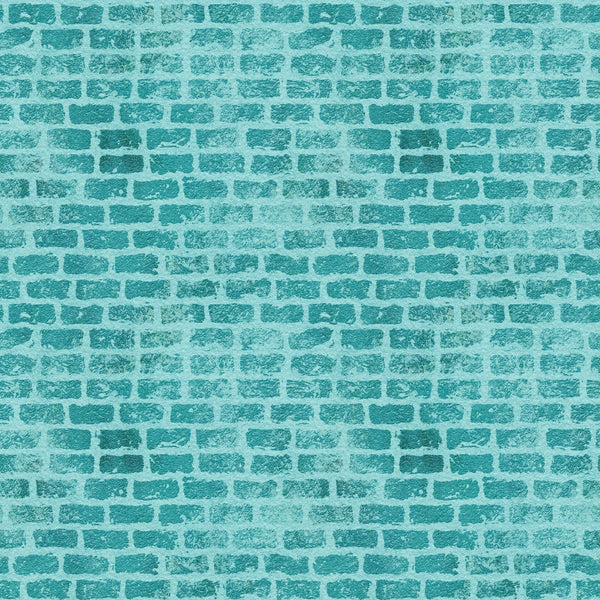 teal, turquoise, mint green, brick pattern, grunge texture, weathered effect, geometric design, distressed look,, fabric panel, textured surface, vintage style, aged appearance, rectangular bricks, mortar lines, rustic feel, crafting material, sewing fabric