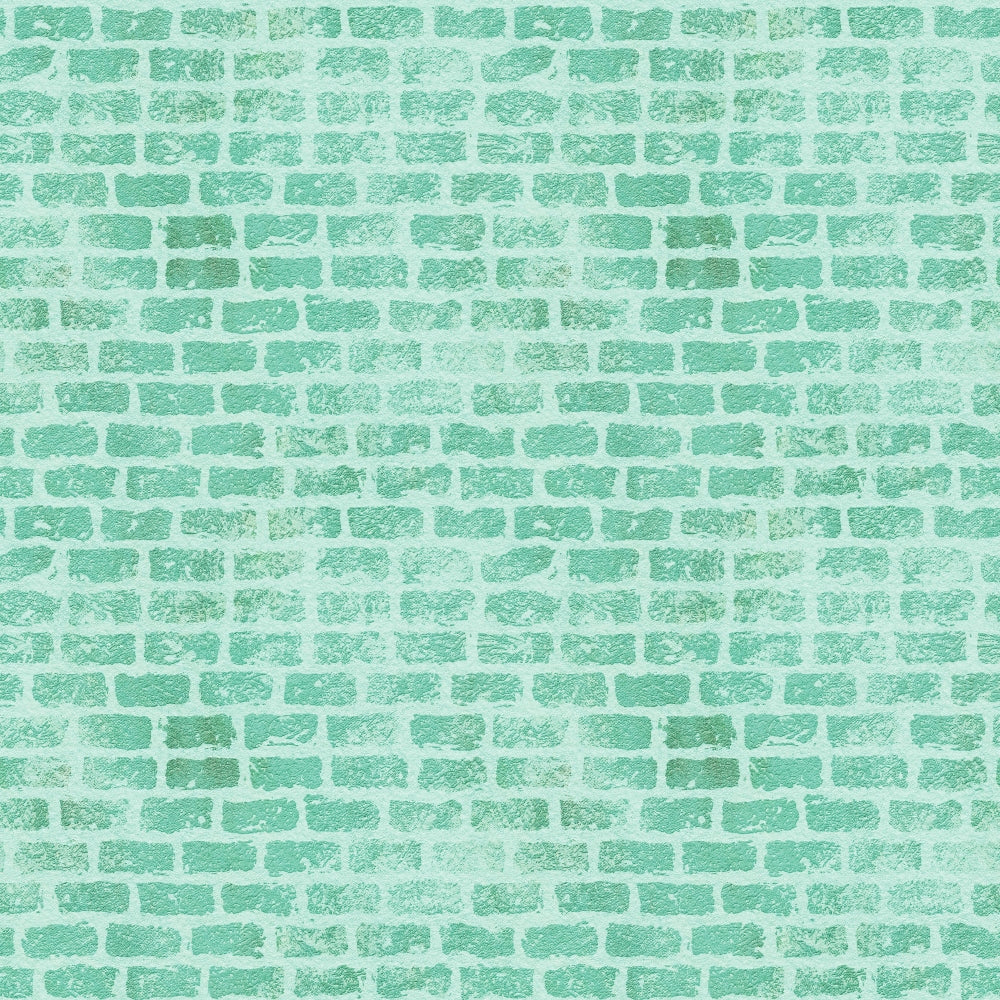 mint green, sage green, seafoam, brick wall pattern, grunge texture, weathered bricks, mortar lines, distressed appearance,, fabric panel, vintage style, rustic texture, geometric pattern, rectangular bricks, textured surface, cotton fabric, crafting material, aged effect, architectural design