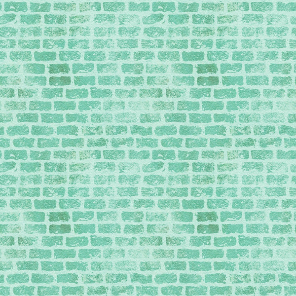 mint green, sage green, seafoam, brick wall pattern, grunge texture, weathered bricks, mortar lines, distressed appearance,, fabric panel, vintage style, rustic texture, geometric pattern, rectangular bricks, textured surface, cotton fabric, crafting material, aged effect, architectural design
