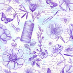Detailed purple illustrations of flowers, butterflies, a spool of thread, and handwritten notes on a light blue background.