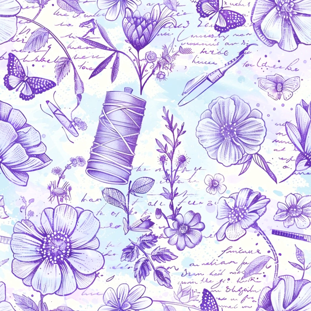 Detailed purple illustrations of flowers, butterflies, a spool of thread, and handwritten notes on a light blue background.