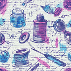 Illustration of sewing items like thread spools, buttons, and needles over handwritten text on a colorful, artistic background.