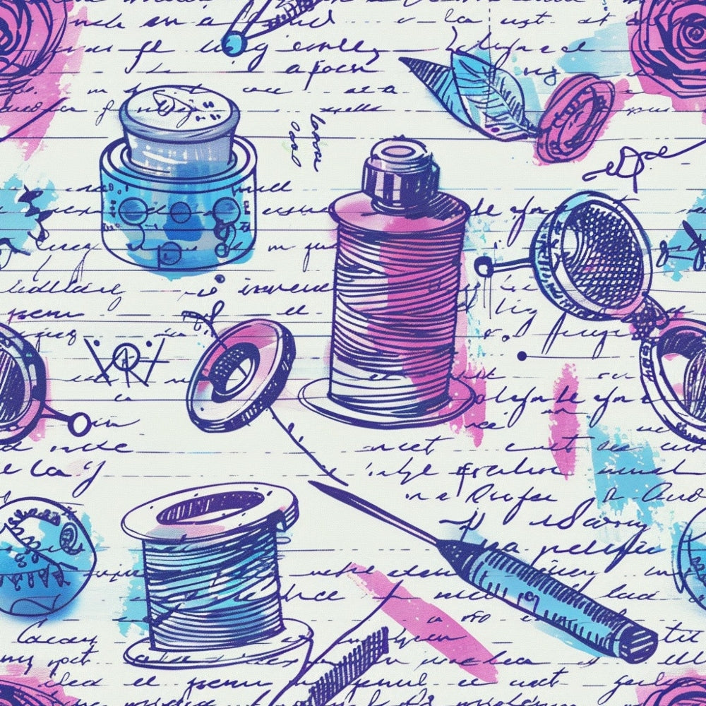 Illustration of sewing items like thread spools, buttons, and needles over handwritten text on a colorful, artistic background.