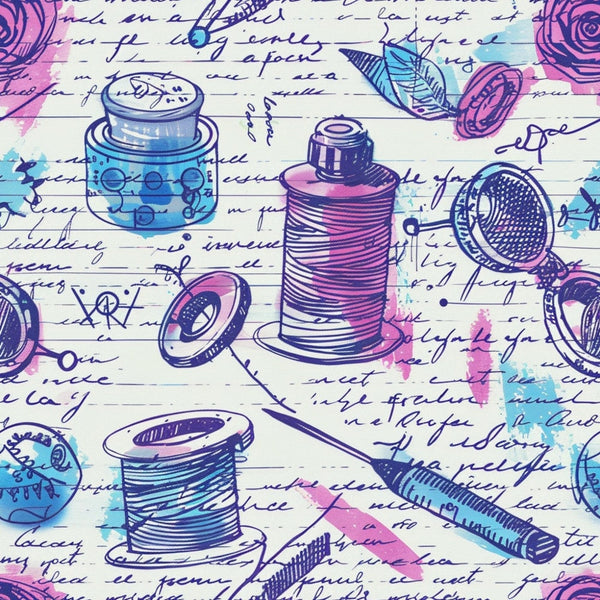 Illustration of sewing items like thread spools, buttons, and needles over handwritten text on a colorful, artistic background.