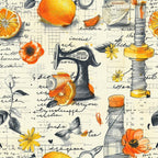 Vintage pattern featuring oranges, flowers, sewing machines, thread, and script text on a light background.
