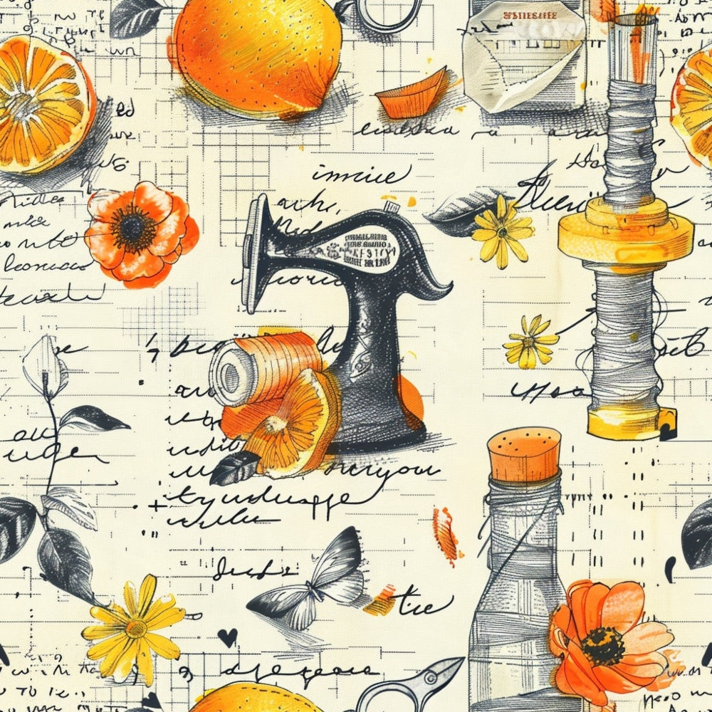 Vintage pattern featuring oranges, flowers, sewing machines, thread, and script text on a light background.