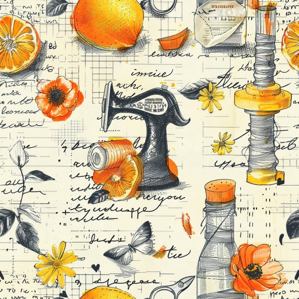 Vintage pattern featuring oranges, flowers, sewing machines, thread, and script text on a light background.