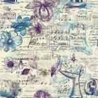 Vintage collage with floral illustrations, sheet music, and scientific elements such as a microscope, in soft blue, purple, and beige tones.
