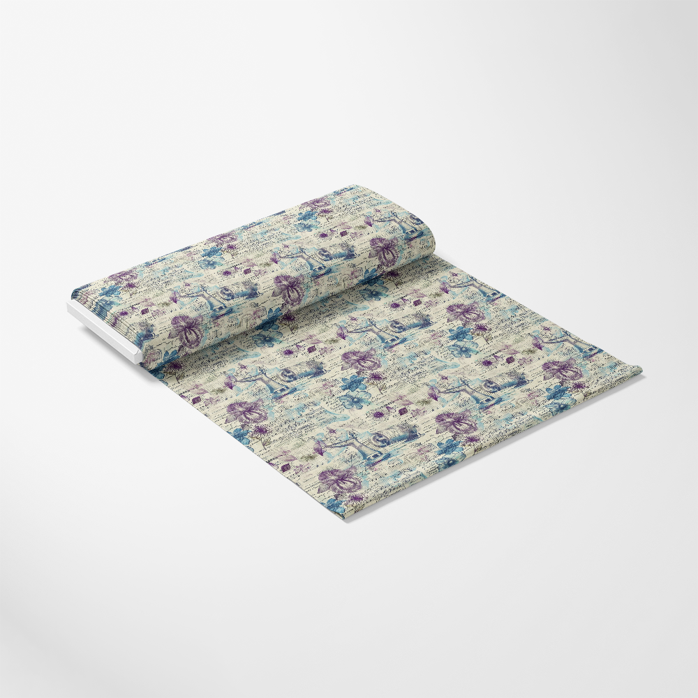 - Sewing Journal Pattern 12 Quilting Cotton Fabric  
- beige background  
- purple floral accents  
- blue decorative elements  
- vintage script style  
- quilting material  
- cotton texture  
- fabric by the yard  
- crafted textile  
- continuous yardage