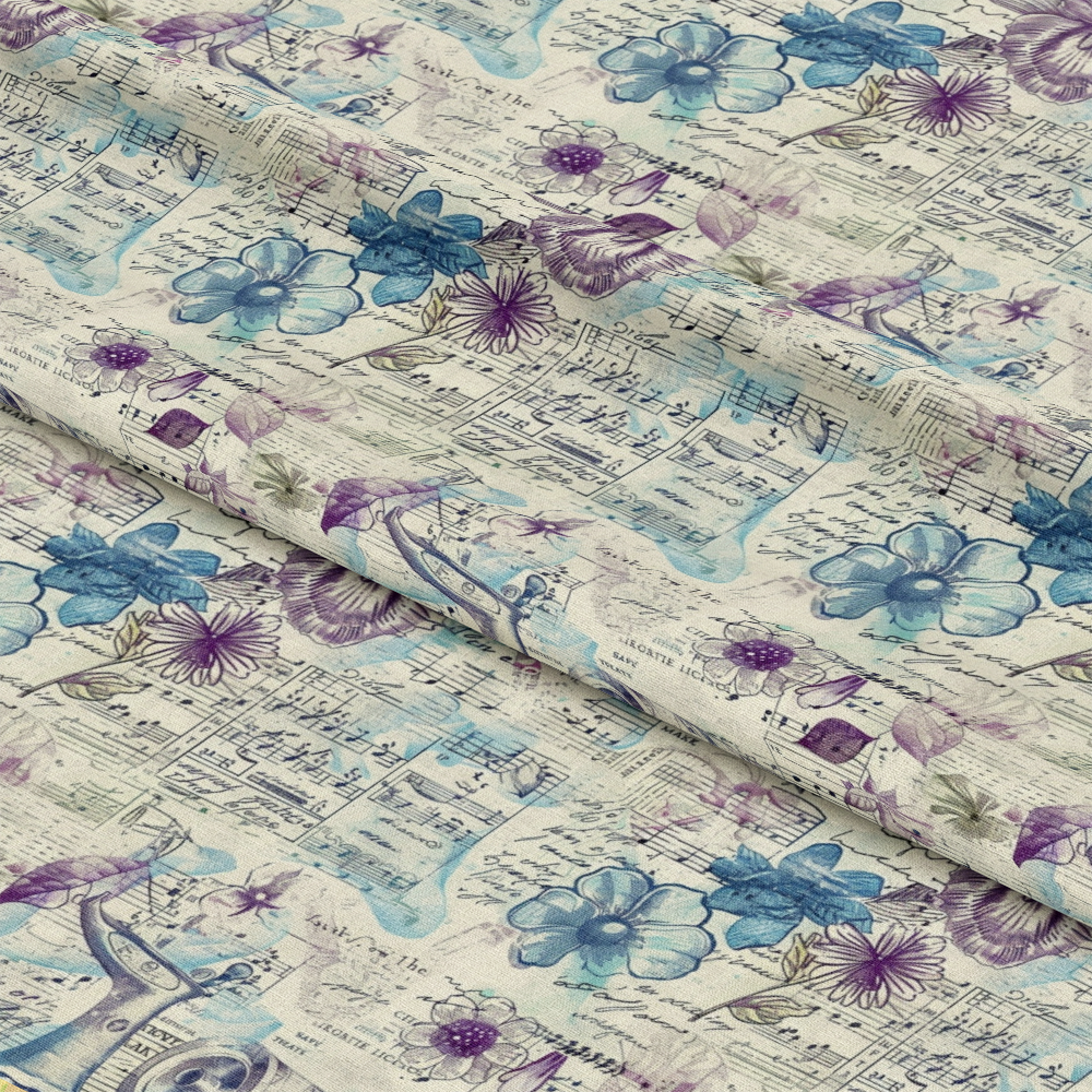 - Sewing Journal Pattern 12 Quilting Cotton Fabric  
- floral motifs  
- blue flowers  
- purple accents  
- vintage script  
- musical notes  
- beige background  
- cotton textile  
- quilting material  
- creative fabric  
- soft texture  
- artistic design