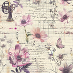 Vintage collage featuring pink flowers, butterflies, old handwritten text, and a sewing machine sketch on a gridded background.