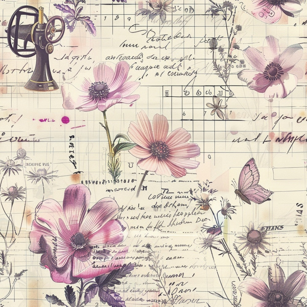 Vintage collage featuring pink flowers, butterflies, old handwritten text, and a sewing machine sketch on a gridded background.